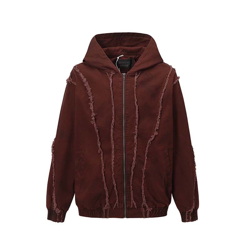 Felpa con cappuccio decostruita e rovinata – Felpa oversize vintage con cerniera, orlo grezzo e dettagli in vernice spray_voghion.com