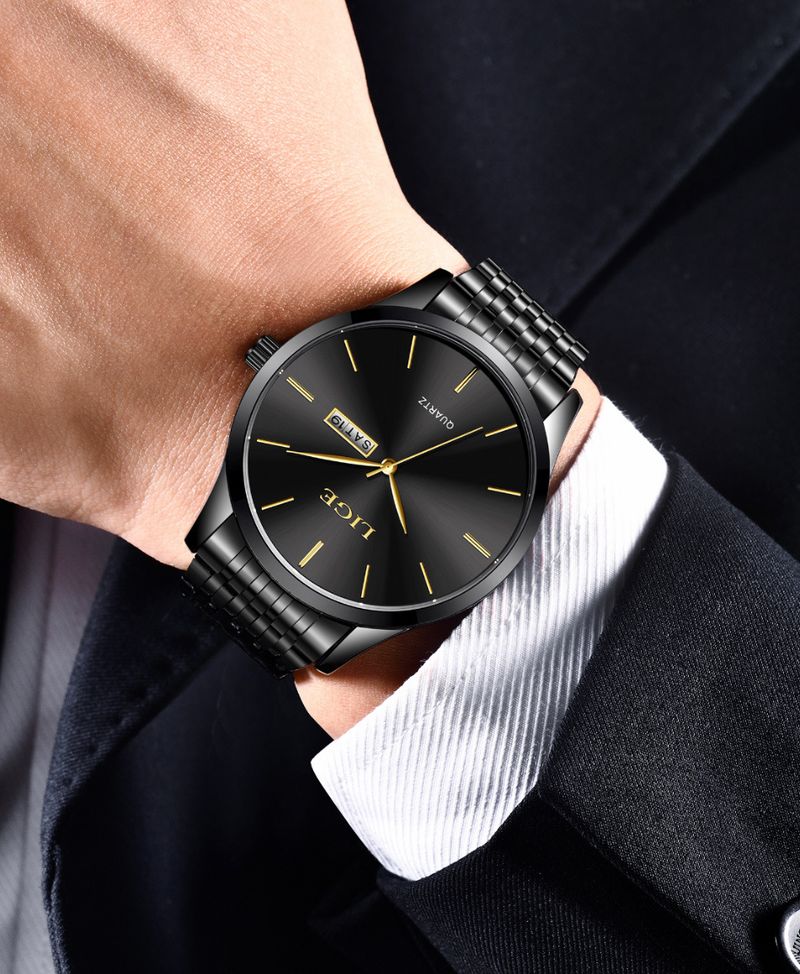 Men's Waterproof Quartz Watch With Stainless Steel Band, Dual Calendar, Minimalist Design For Business And Casual Wear_voghion.com