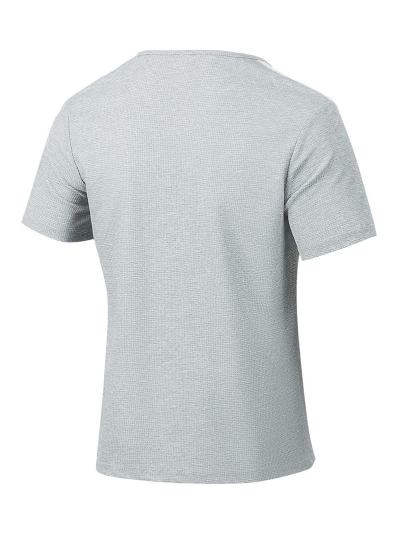 Camiseta masculina casual waffle com cordão e cor combinando, gola redonda, manga curta_voghion.com