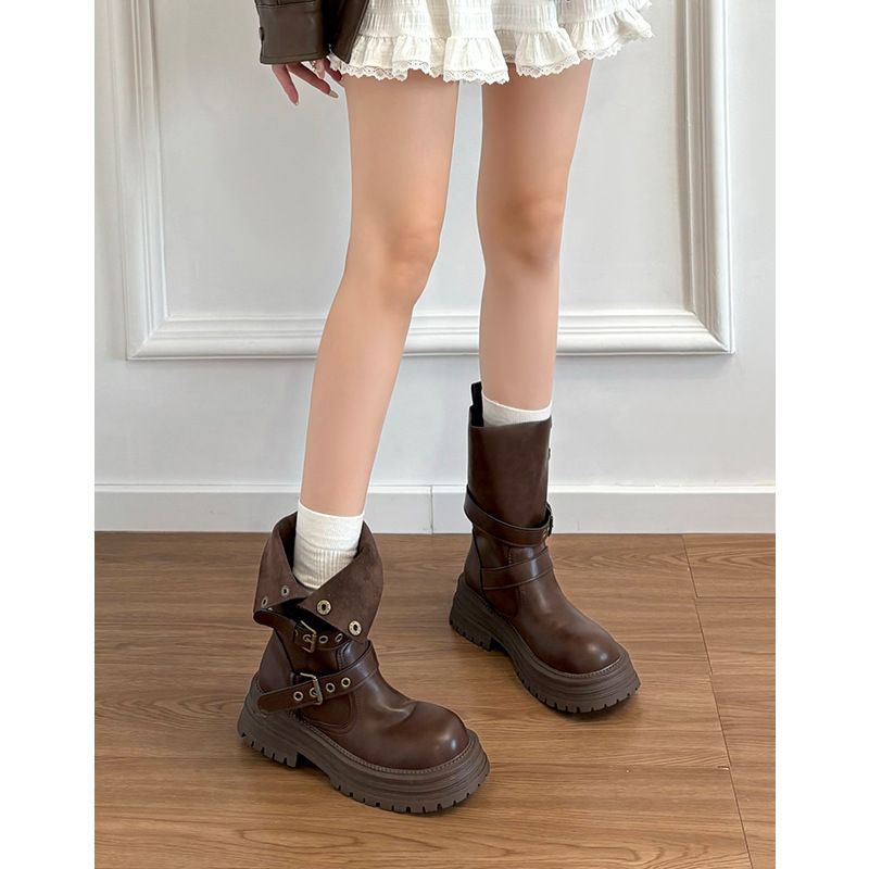 Britischer Stil Martin für Damen 2025 Neue Frühlings- und Herbstschuhe für einzelne Damen Mitte der Wade Dicke Sohle Schwarze kurze Stiefel_voghion.com