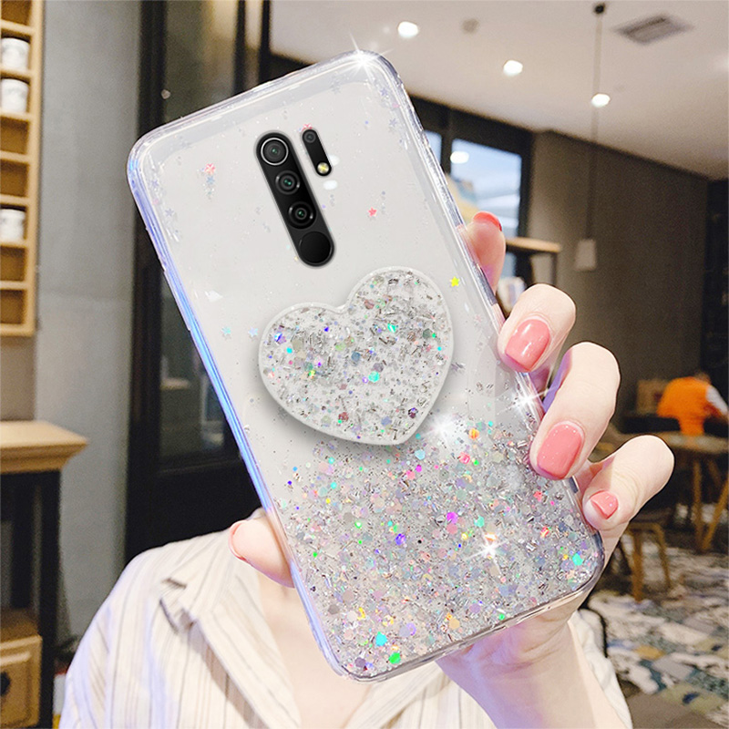 Glitter Heart Holder Case For Xiaomi Redmi 9 Cases Bling Star Soft Cover for Xiaomi Redmi 9A 9c Redmi9 Phone Covers Bump_voghion.com