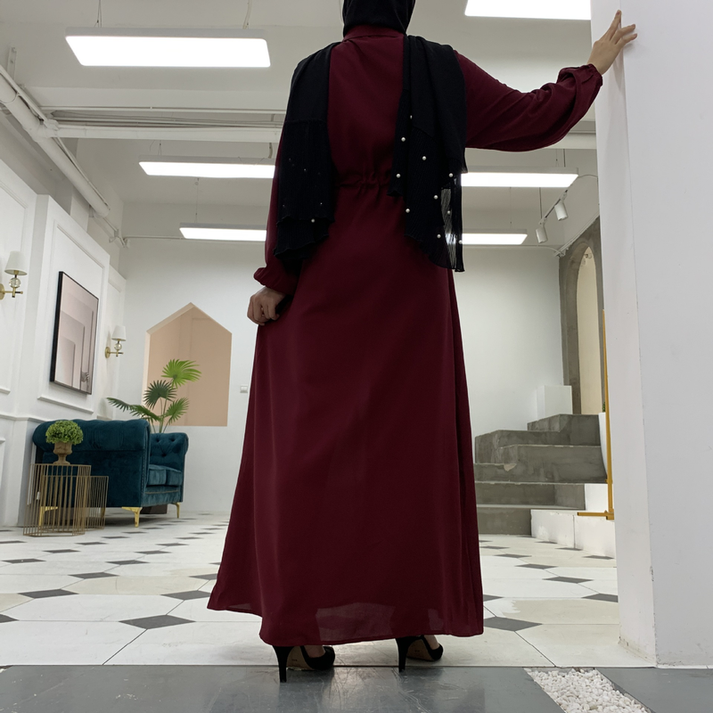 Roupas femininas nova moda muçulmana lapela cor sólida botão completo vestido fino saia longa_voghion.com