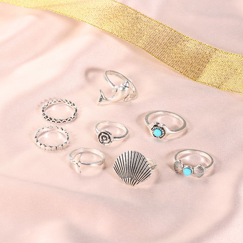 Jewelry Fashion Scallop Dolphin Turquoise 8-piece Set Combination Ring For Women_voghion.com