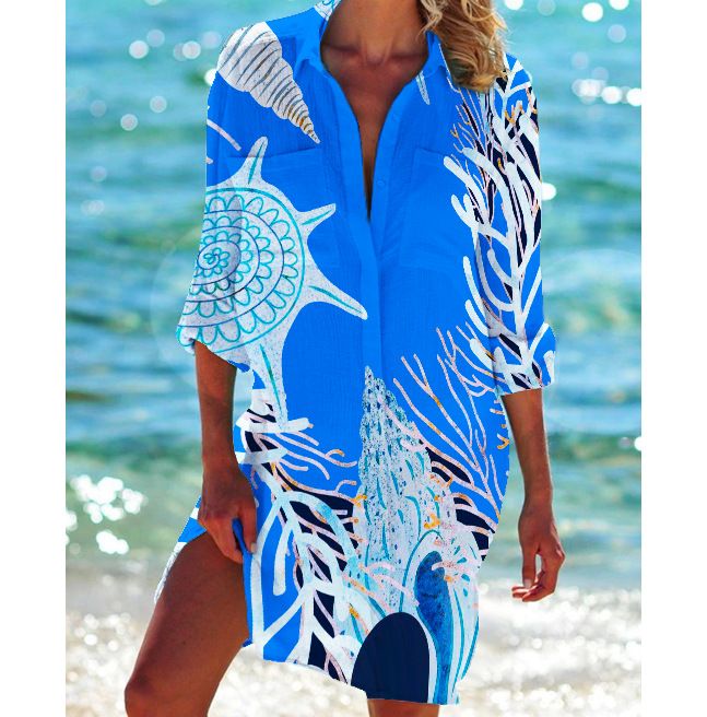 2022 New Bikini Jacket Swimsuit Cardigan Women's Printed Vacation Beach Shirt_voghion.com