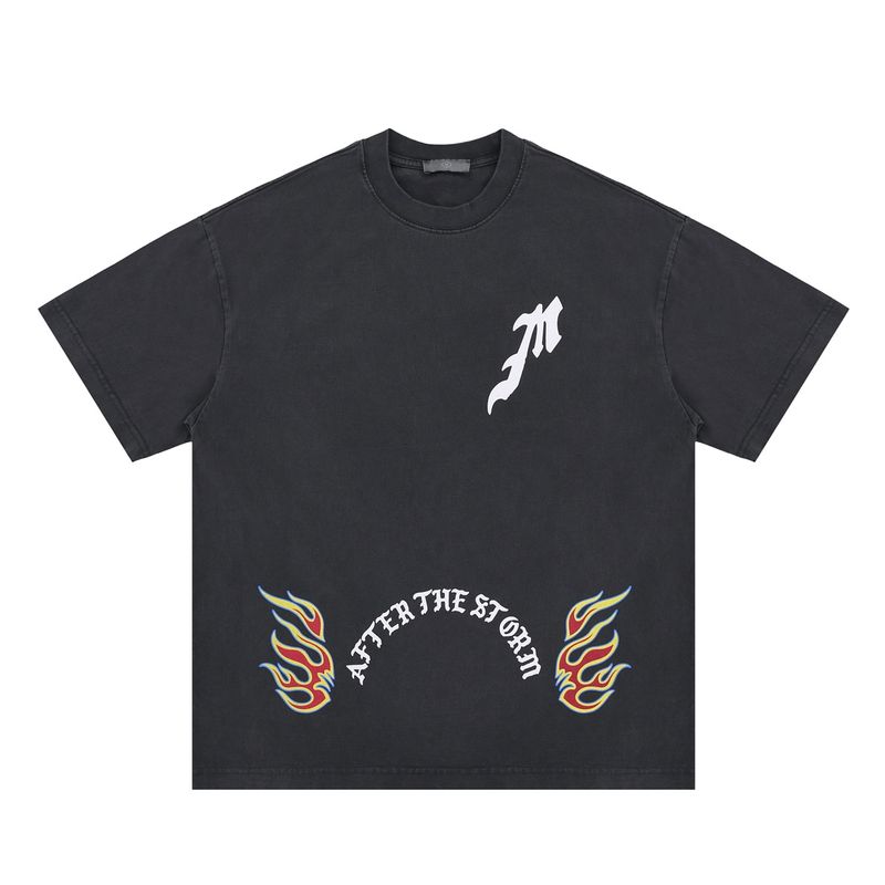 Unbeatable Quality Lanhai Men's 2025 Spring/Summer New Product Flat Replacement Flame Text Washed Short Sleeve T-shirt For Men_voghion.com