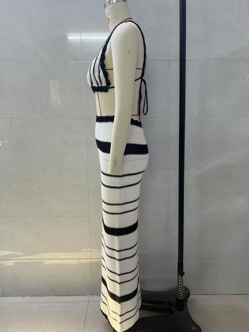 Women's Clothing Striped Two Piece Suit For Women Knitted Suspenders Wrapped Chest Top Skirt Fashion Suit_voghion.com
