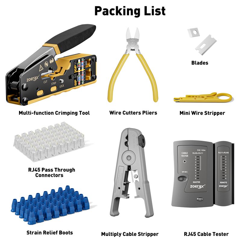 8 In 1 RJ45 Crimp Tool Kit By ZoeRax, Crimper Tool, Cable Tester, Wire Cutter, Blades, 50Pcs Cat 6 Connectors And Strain Relief_voghion.com