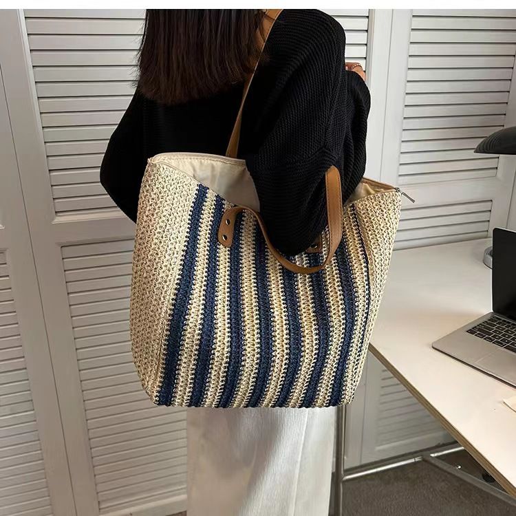 Nuova borsa intrecciata a strisce di corda di carta, borsa a tracolla alla moda, borsa intrecciata, borsa casual da donna con tracolla singola, borsa da spiaggia_voghion.com