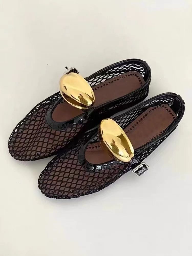 Mesh Ballet Flats For Women Summer With Embellished Patent Leather Trim Comfortable Breathable Fashionable Casual Shoes_voghion.com