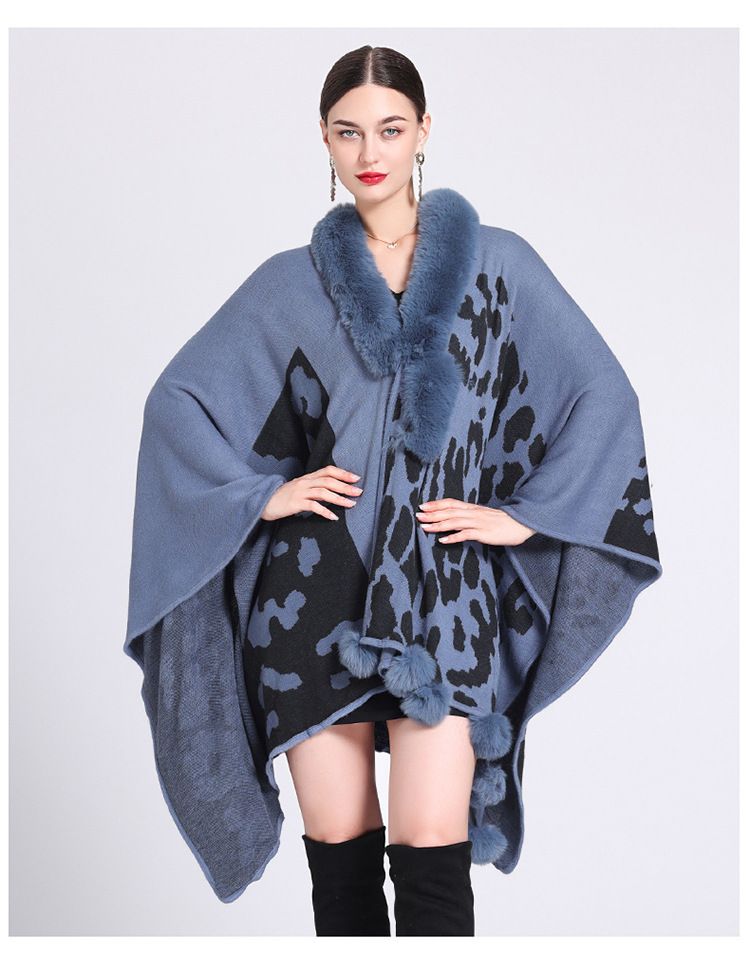 Mantella con collo di pelliccia, mantello con palla di pelliccia, mantello jacquard in maglia larga, cappotto di grandi dimensioni_voghion.com