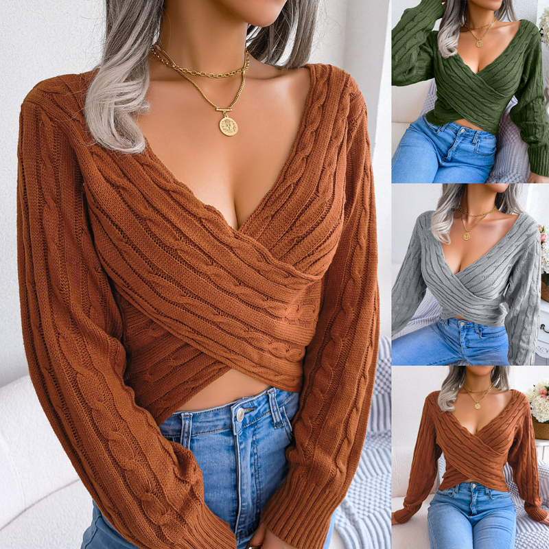 Women Sexy Wrap V Neck Cross Front Pullover Sweater Slim Long Sleeve Solid Color Ribbed Knitted Knitwear Jumper Crop Top_voghion.com