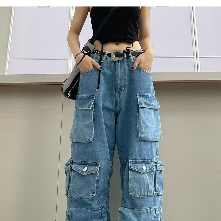Vêtements pour femmes Street Trendy New Style Salopette à poches multiples épissée gris fumé à la mode Pantalon large et long délavé et vieilli_voghion.com