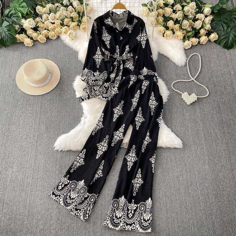 Damenbekleidung im Retro-Stil, bedrucktes Sonnenschutzhemd mit Laternenärmeln, Revers, tailliertes Oberteil, hohe Taille, schmales Hosenset mit weitem Bein_voghion.com