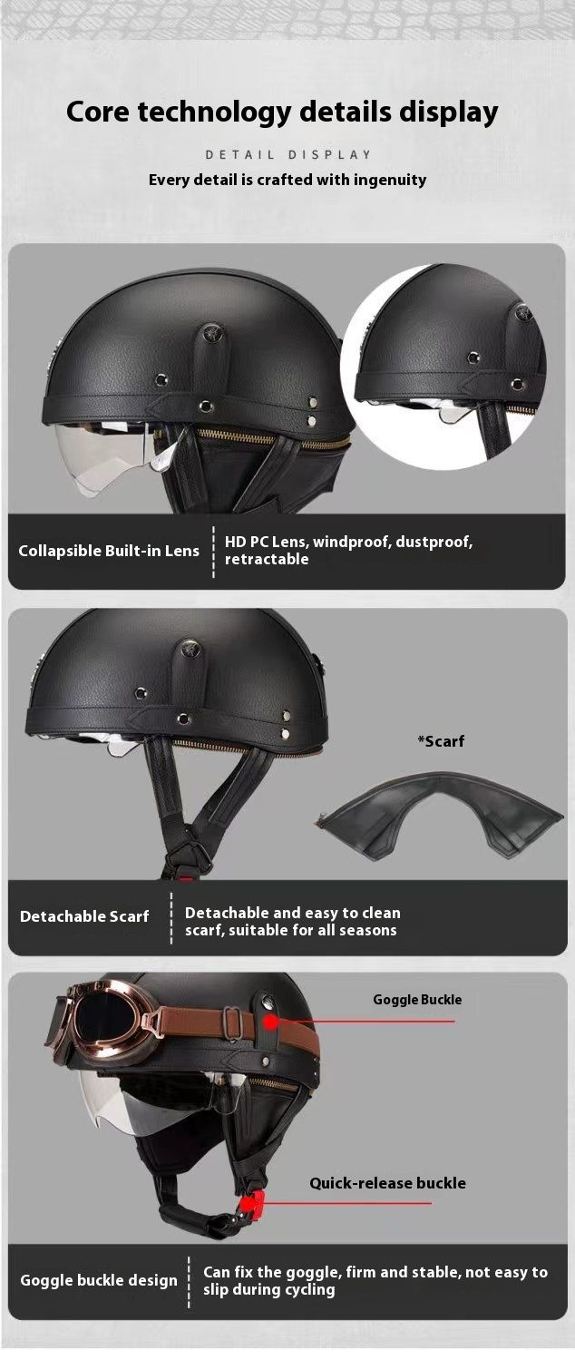 3C Certified Motorcycle Half Helmet – Retro Cruiser ABS Shell With Interchangeable Lenses (Black/White/Brown/Pink) – Handcrafted Leather_voghion.com