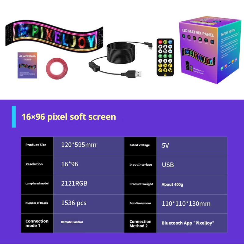 Display LED per finestrini auto Bluetooth K6 - Schermo flessibile da 16x64/16x96 pixel, testo ed emoji personalizzati, alimentazione tramite USB da 5 V, universale per tutti i veicoli_voghion.com