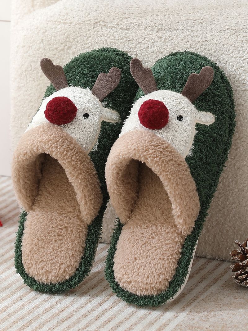 Süße Weihnachts-Rentier-Baumwoll-Hausschuhe für Frauen, Wintermode-Hausschuhe, rutschfeste Paar-Hausschuhe_voghion.com