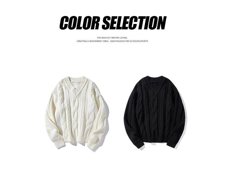 Pull en maille à col en V pour homme, motif torsadé, pull épais idéal pour un style décontracté chic et la superposition, grandes tailles disponibles._voghion.com