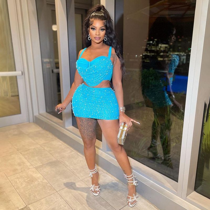 Trendy Rhinestone Crop Top With Bodycon Pencil Skirt Set - Sexy Two-Piece Outfit For Women_voghion.com