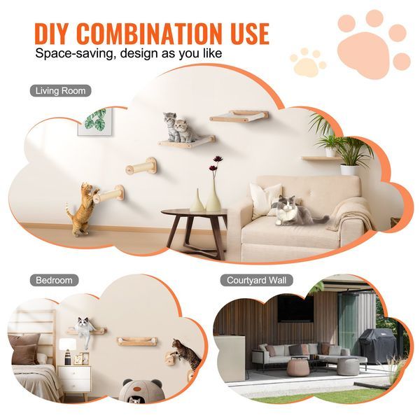 Wall Mounted Cat Shelves With 2 Jumping Posts & 2 Hammocks Up To 40 Lbs_voghion.com