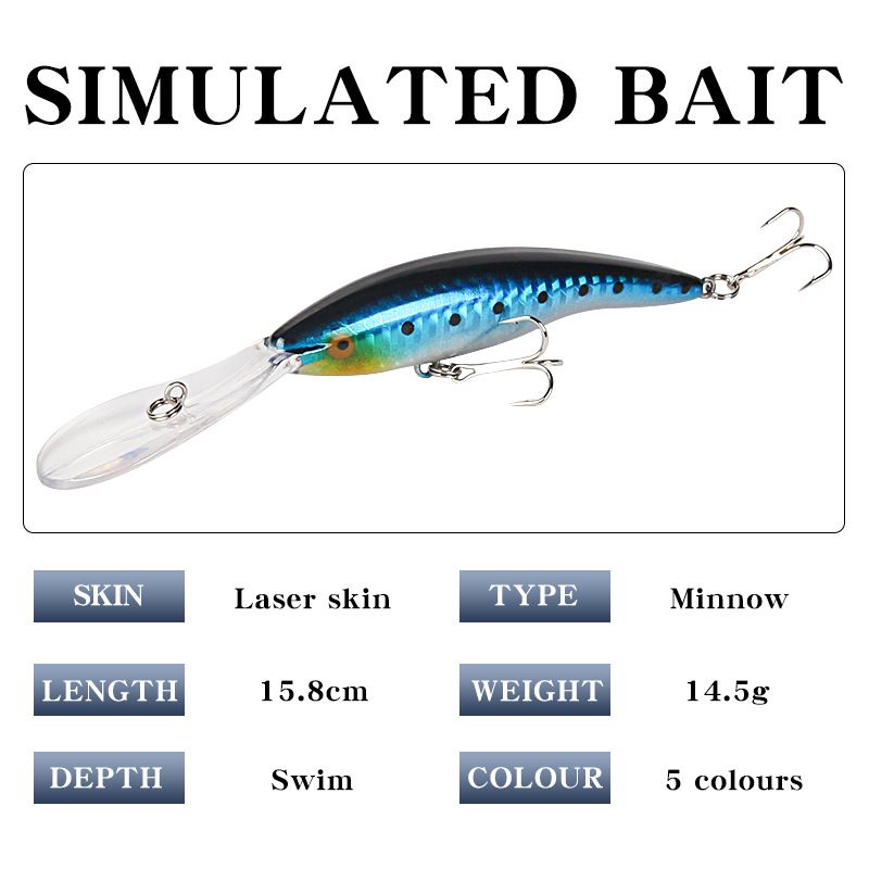 Ilga liežuvėlinė lenta plūduriuojančiai vandens masalui „Minnow“ 13,8 cm 14,5 g, sidabru sustiprintas dvigubo kablio masalas jūrinės žvejybos produktai_voghion.com