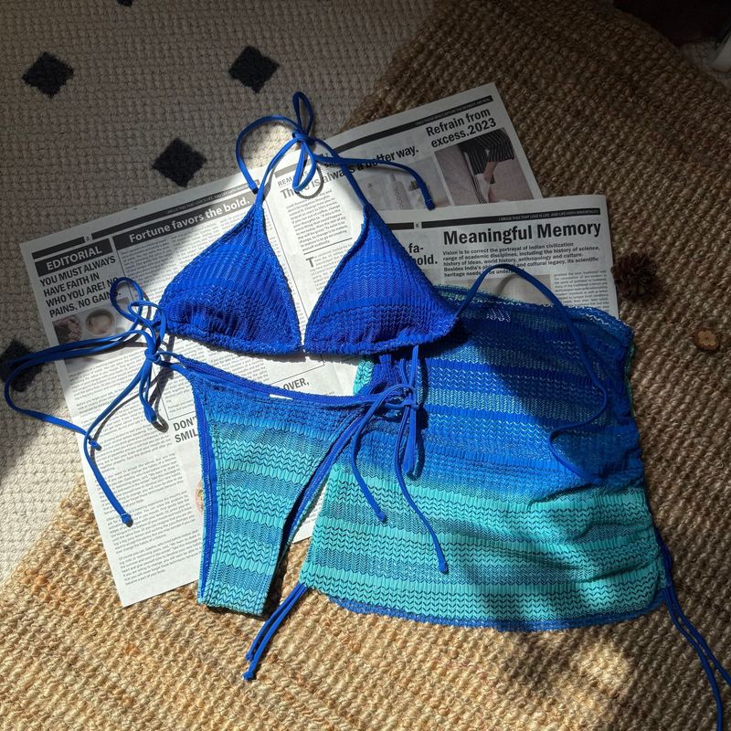 2025 New European And American Gradient Mesh Three Piece Beach Short Skirt Sexy Bikini_voghion.com