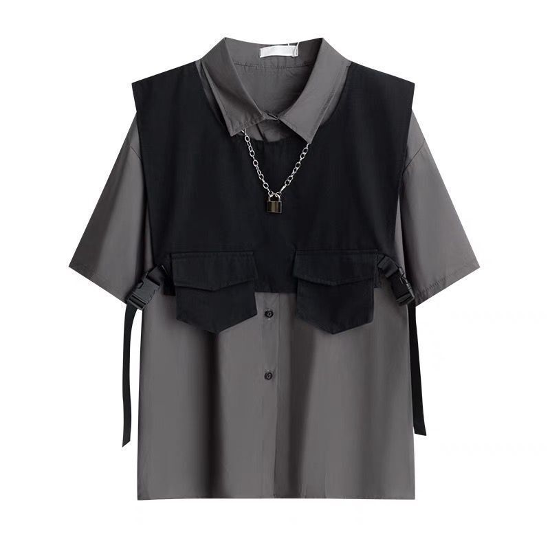 Herrenbekleidung Dunkle funktionelle Arbeitskleidung Herren Sommer lockeres Hemd Hip Hop Kurzarmhemd Set mit Weste Anzug_voghion.com