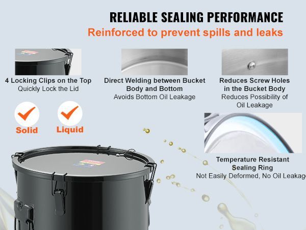 VEVOR Fryer Grease Bucket, 10 Gal Oil Disposal Caddy Stainless Steel Fryer Oil Bucket Rust-Proof Coating, Oil Transport Container With Lid, Lock Clips, Filter Bag For Hot Cooking Oil Filtering, Black_voghion.com