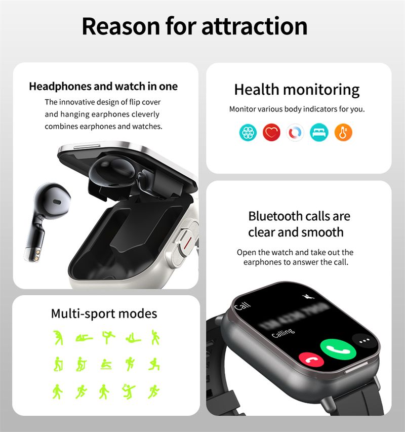 New With Earbuds Bluetooth Headset Speaker Tracker Music Sport Men Waterproof Smart Watch AMOLED Screen_voghion.com