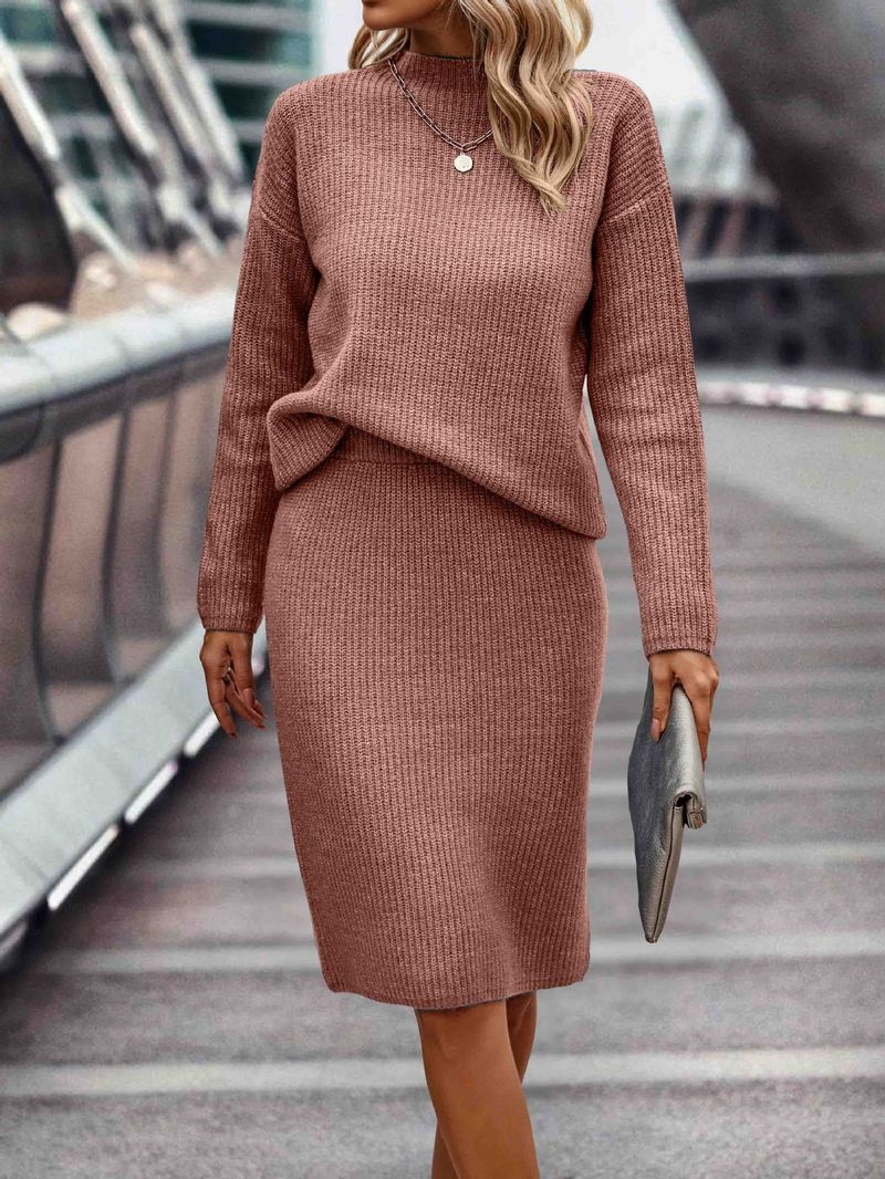 Herbst und Winter Klare Farbe Langarm Mode Halb Stehkragen Pullover frauen Set_voghion.com
