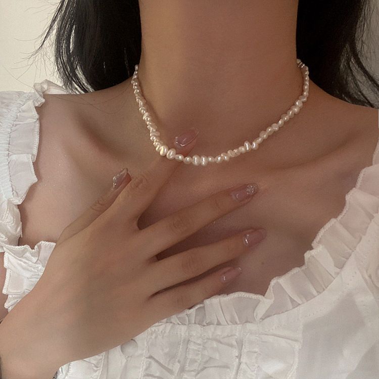Collana con perle d'acqua dolce da donna, stile retrò francese, semplice, versatile, elegante, alla moda, con catena per clavicola_voghion.com