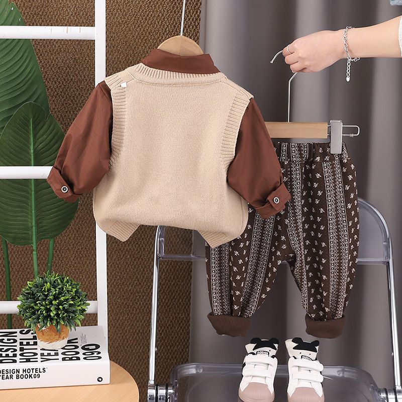 Ensemble 3 pièces pull-over décontracté coréen pour garçon, style occidental, nouvelle collection printemps-automne, petite et moyenne taille, mode enfant_voghion.com