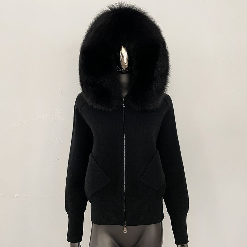 Luxuriöse Strickjacke mit Kapuze und Fuchspelzbesatz – Weicher Strickpullover aus Schaf-Kaschmir-Mischgewebe für Damen, eleganter, locker sitzender Freizeitpullover_voghion.com