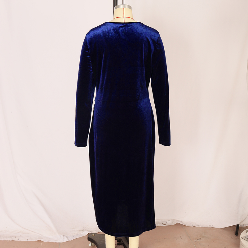 Damenkleid Langärmliges Samt-Etuikleid Sexy plissiertes Wickelkleid mit tiefem V-Ausschnitt, Party-Cocktailkleid_voghion.com