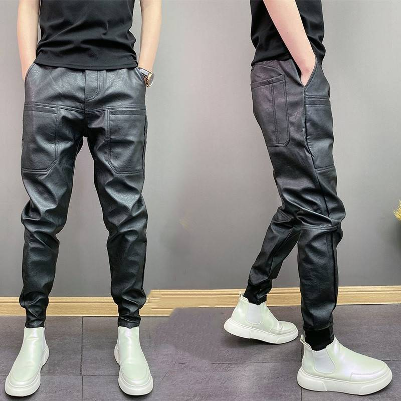Trendige Stretchhose aus PU-Leder für Herren, wind- und wasserdicht, sechs Taschen, einfarbig, schöne Freizeithose mit Bündchen_voghion.com