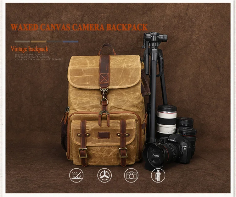 Mochila vintage de gran capacidad para cámara, de lona encerada, resistente al agua, con compartimento para portátil de 15,6" y soporte para trípode_voghion.com