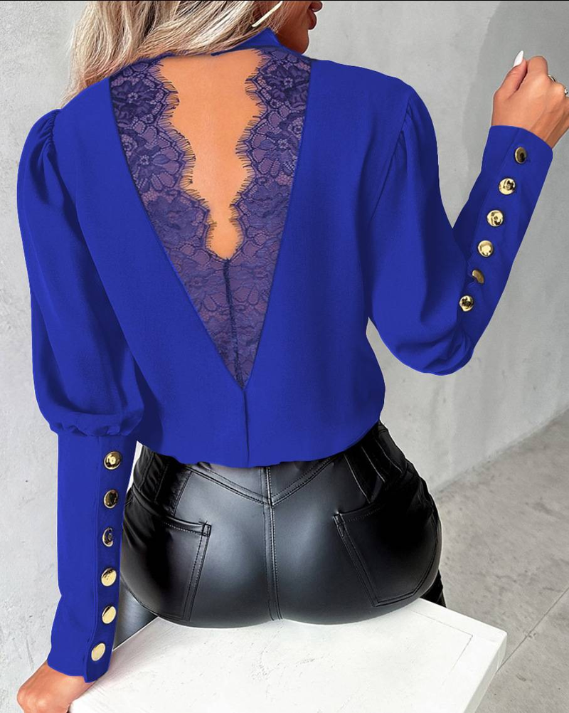 Spring And Autumn Women's Long Sleeve Shirts Solid Color Lace Crew-Neck Button-Down Blouses Trendy Tops Woman Shirt_voghion.com