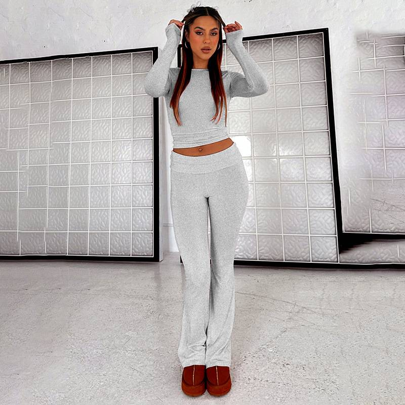 Naisten perus kaksiosainen asu, pitkähihainen crop top, taitettavat leggingsit, levenevät housut, yhteensopivat kaksiosaiset oloasut_voghion.com