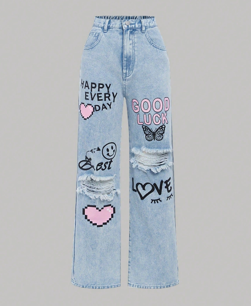 Jeans für Jungen und Mädchen mit weitem Bein – Künstlerischer Doodle-Print | Retro-Streetwear-Jeans_voghion.com