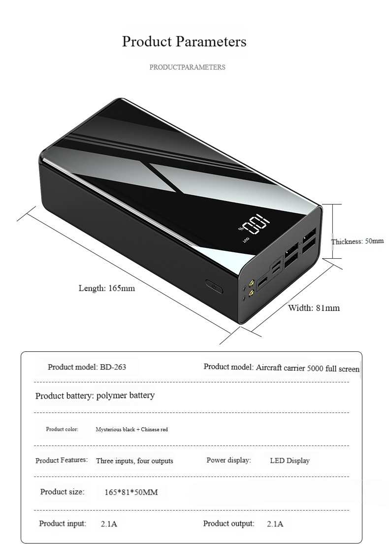 Baterie externă mobilă de mare capacitate, 50000 mAh, cu ecran oglindă și afișaj digital_voghion.com