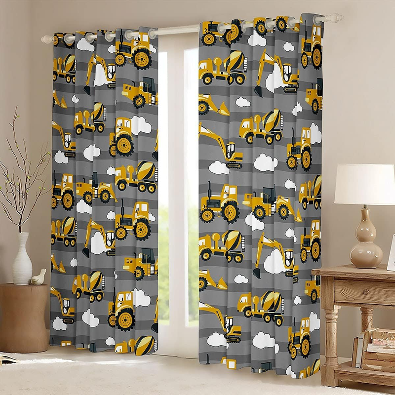 Boys Excavator Cartoon Yellow Truck Crane Window Curtains Mixer Cute Kids Heavy Machinery Decor Curtains Tractor Window Drapes Grey Stripe Curtains_voghion.com