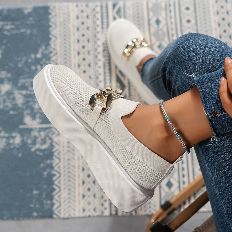 Damenschuhe mit Kettendekor, atmungsaktivem Mesh Air, runder Zehenbereich, flache Schuhe, Slip-On-Loafer für Mädchen, Damenschuhe_voghion.com