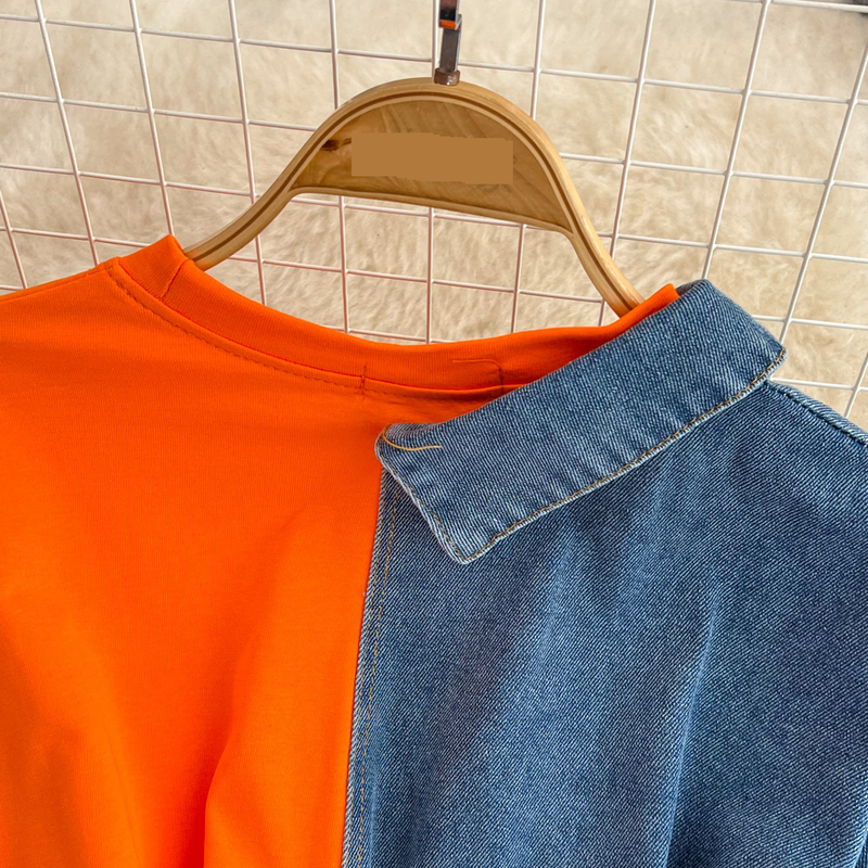 Waist Waisted Round Neck Color Block Denim Shirt Chic Casual Mid-length_voghion.com