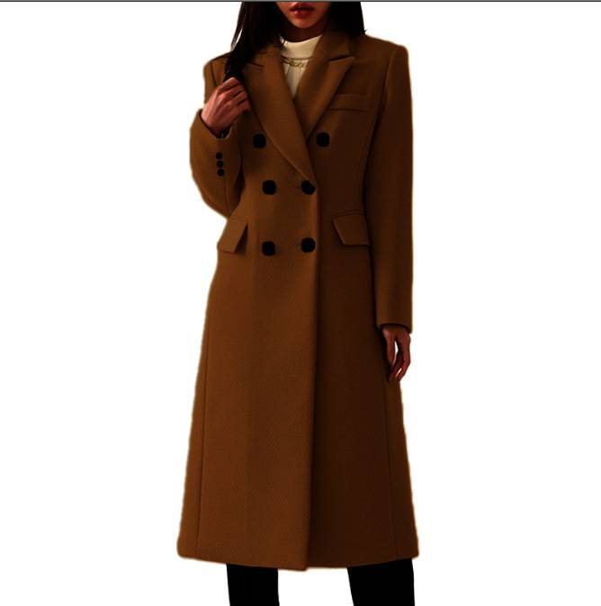 Elegant Long Wool Coat For Women - Plus Size A-line Trench Coat With Double Breasted Buttons, 7 Classic Colors, 8 Size Options_voghion.com
