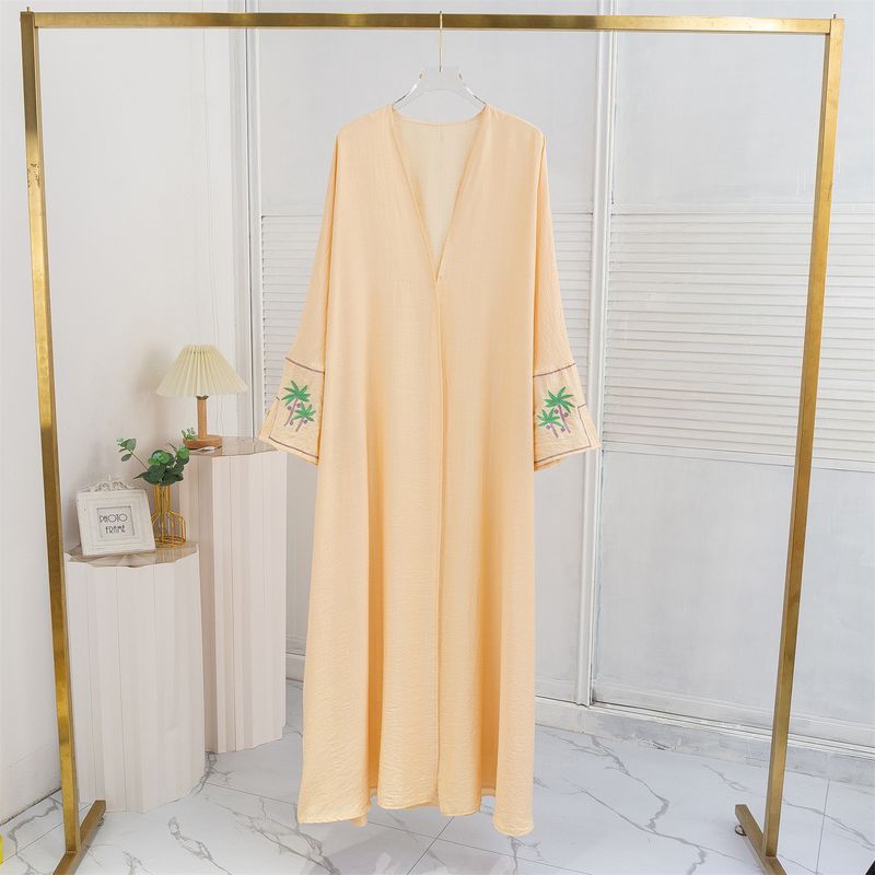 Elegant Embroidered Dress - Flowy Muslim Long Sleeve Open Front Robe For Women, Comfortable Chiffon Fabric, Plus Size Friendly_voghion.com