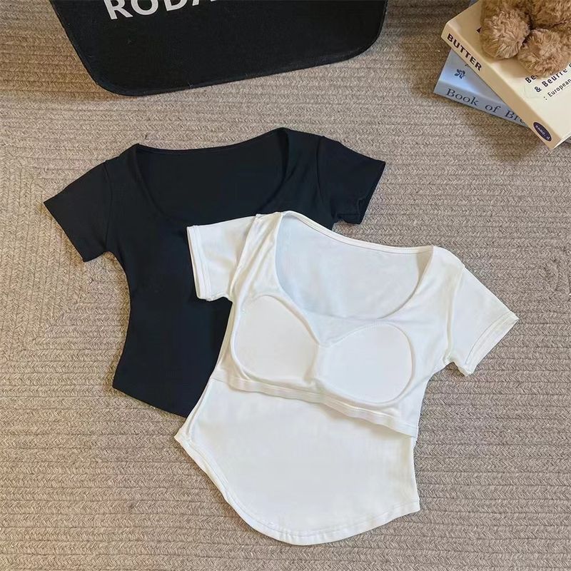 Intimo da donna in cotone a maniche corte, stile semplice con imbottitura sul petto, maglietta corta a maniche corte da ragazza calda, top estivi versatili di nicchia_voghion.com