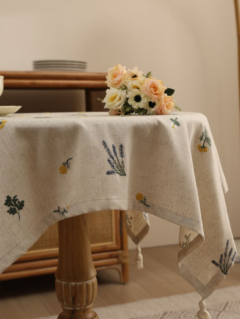 Linen Tablecloth With Lavender Embroidery – 60x60cm & 90x90cm, Natural Fabric, Heat-Resistant, Stylish Home Decor For Dining Table Or Coffee Table_voghion.com