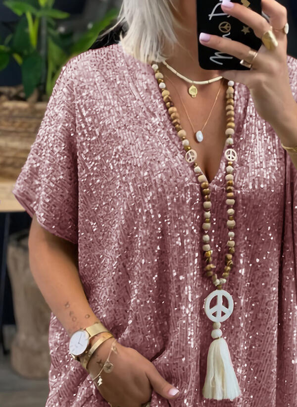 Summer Short Sleeve Urban Casual Solid Color Loose Pullover Sequin T-Shirt for Women_voghion.com