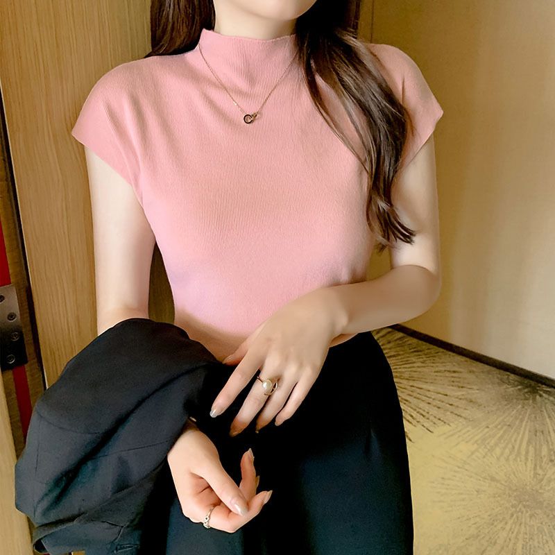 Women's summer new solid color simple short-sleeved knitted sweater top sleeveless half turtleneck short ice silk_voghion.com