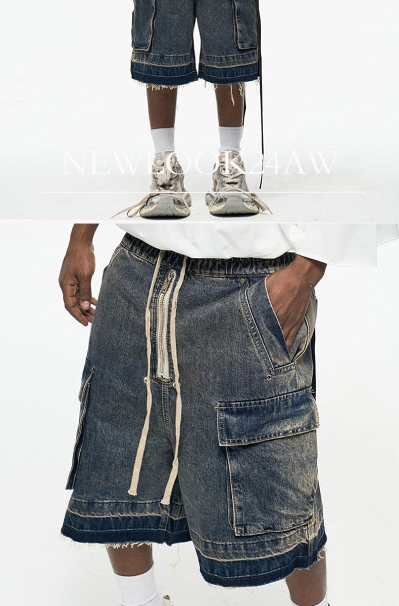 Men's Clothing RO Style Gradient Washed Distressed Raw Edge Denim Shorts Men's High Street Multi Pocket Loose Straight Wide Leg Shorts_voghion.com