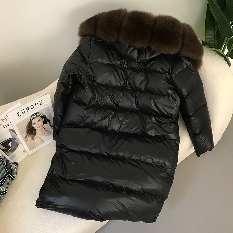 Piumino di lusso con finiture in pelliccia di volpe da donna – Giacca invernale lunga da donna (nero/oro, S-2XL)_voghion.com